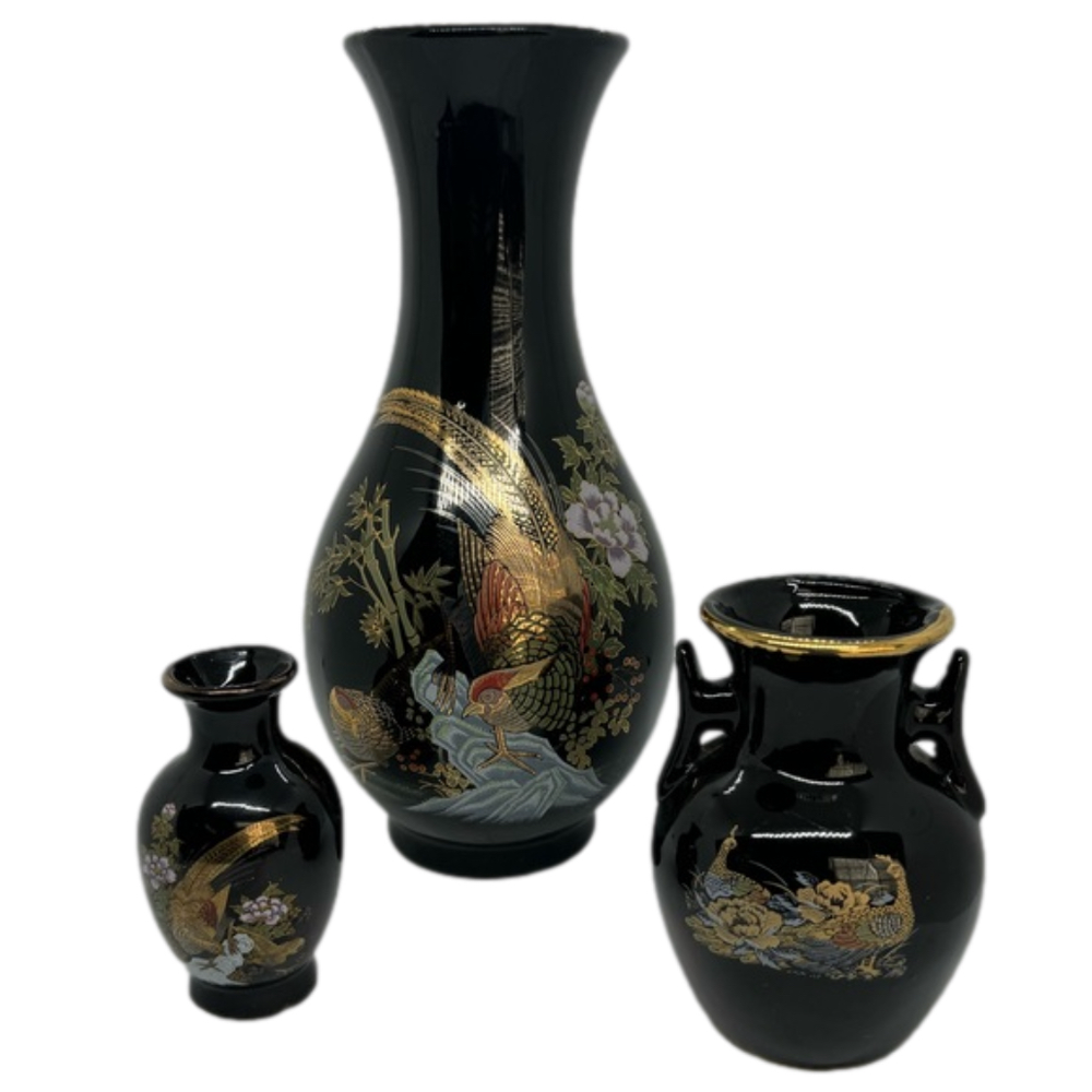 Vintage Japanese Set of 3 Black & Gold Assorted Vases with Golden Pheasant